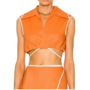 MATTHEW BRUCH Sleeveless Spread Collar Crop Top 100% Linen Orange Size 2 Small